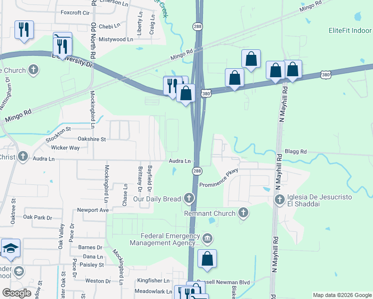 map of restaurants, bars, coffee shops, grocery stores, and more near 1280 North Loop 288 in Denton