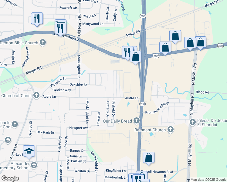 map of restaurants, bars, coffee shops, grocery stores, and more near 1226 Bayfield Drive in Denton
