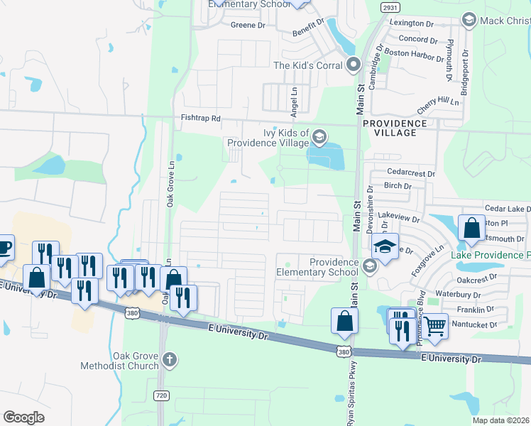 map of restaurants, bars, coffee shops, grocery stores, and more near 2300 Pyrite Drive in Krugerville