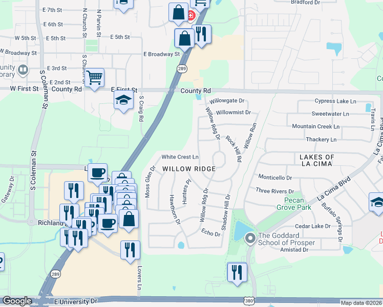 map of restaurants, bars, coffee shops, grocery stores, and more near 530 Willowview Drive in Prosper