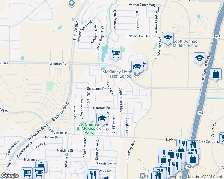 map of restaurants, bars, coffee shops, grocery stores, and more near 2816 Frontier Lane in McKinney
