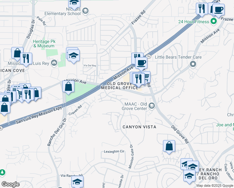map of restaurants, bars, coffee shops, grocery stores, and more near 4249 Mesa Vista Way in Oceanside