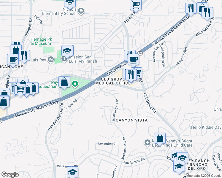 map of restaurants, bars, coffee shops, grocery stores, and more near 4241 Mesa Vista Way in Oceanside