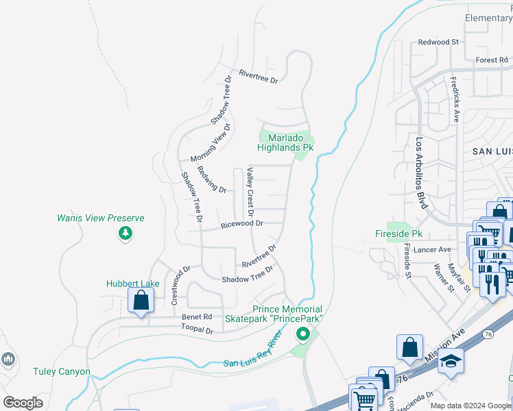 map of restaurants, bars, coffee shops, grocery stores, and more near 756 Valley Crest Drive in Oceanside