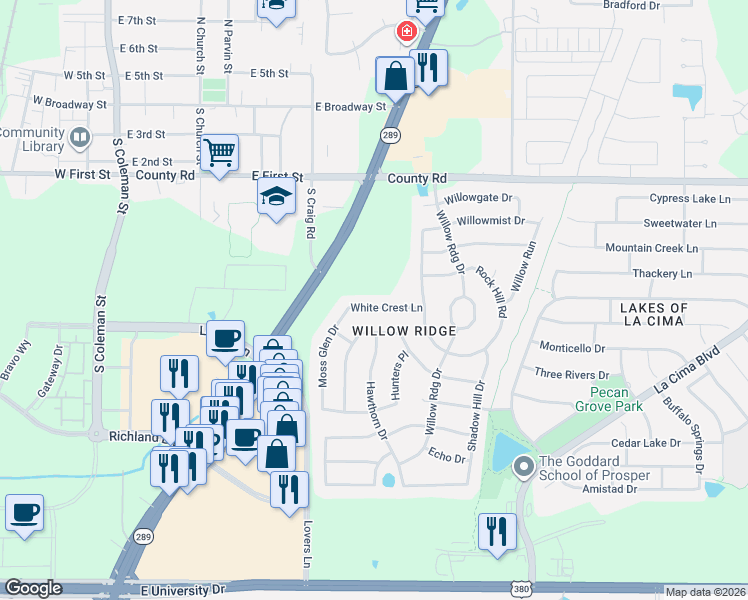 map of restaurants, bars, coffee shops, grocery stores, and more near 1061 White Crest Lane in Prosper