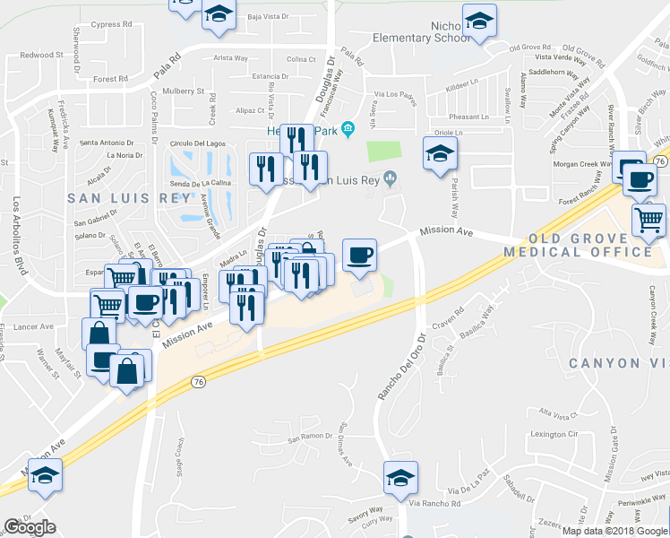 map of restaurants, bars, coffee shops, grocery stores, and more near 4050 Mission Avenue in Oceanside