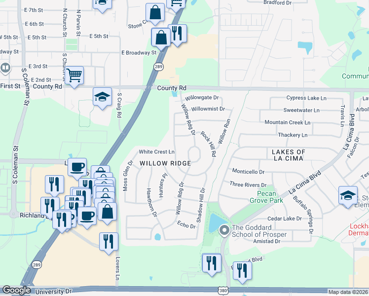 map of restaurants, bars, coffee shops, grocery stores, and more near 500 Willow Ridge Circle in Prosper