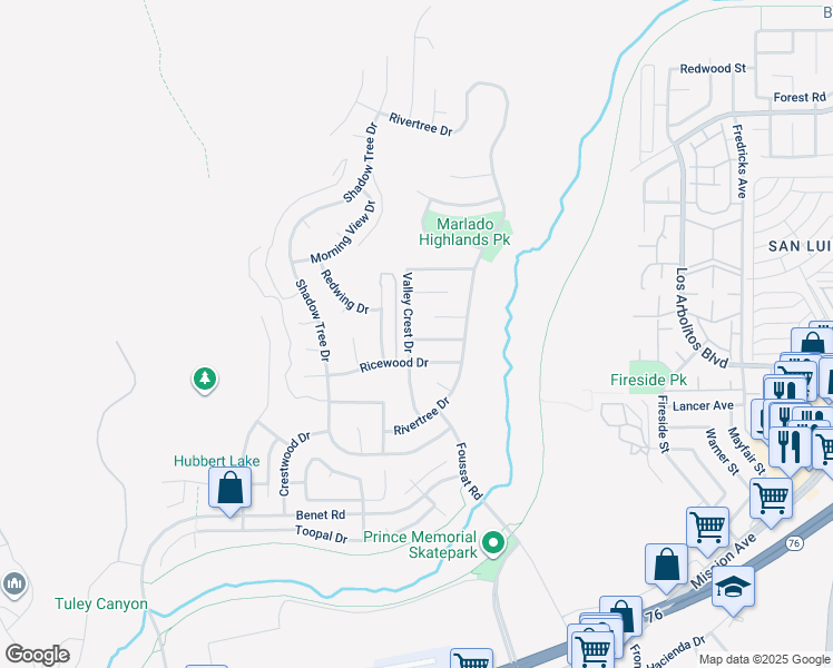 map of restaurants, bars, coffee shops, grocery stores, and more near 756 Valley Crest Drive in Oceanside