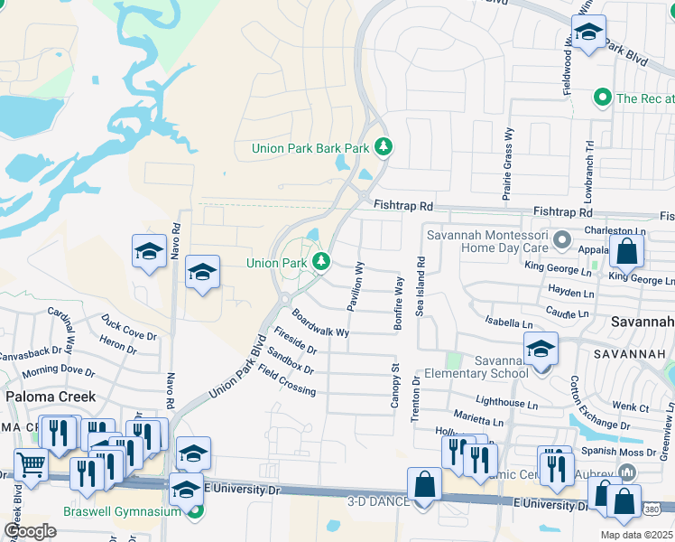 map of restaurants, bars, coffee shops, grocery stores, and more near 4901 Union Park Boulevard in Little Elm
