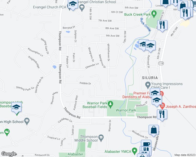 map of restaurants, bars, coffee shops, grocery stores, and more near 117 Summer Crest in Alabaster
