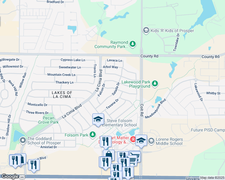 map of restaurants, bars, coffee shops, grocery stores, and more near 2150 Palo Duro Drive in Prosper