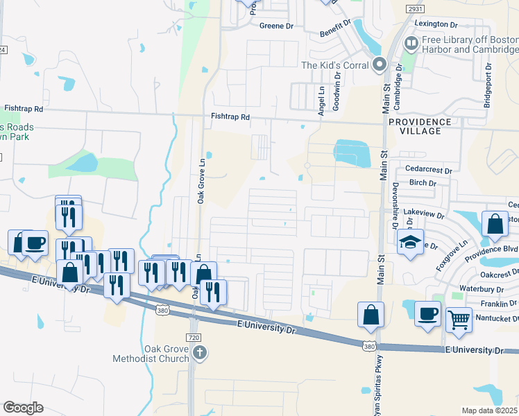 map of restaurants, bars, coffee shops, grocery stores, and more near 2345 Pyrite Drive in Aubrey
