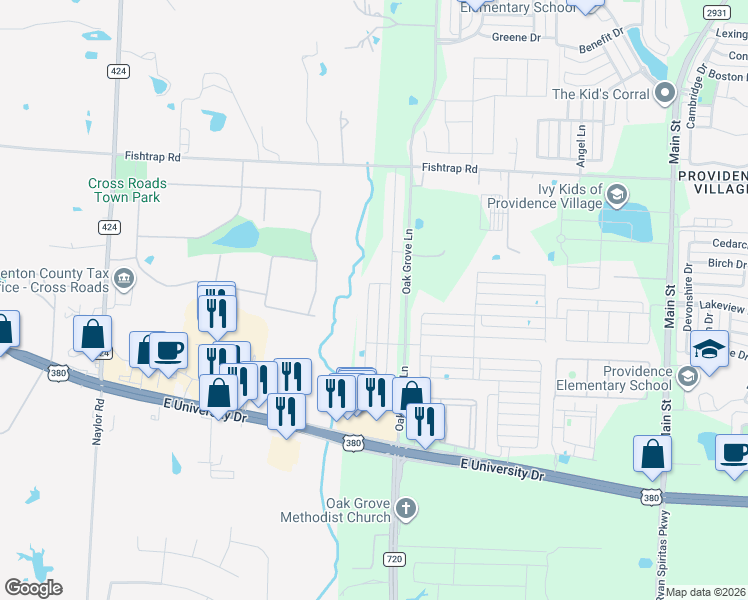 map of restaurants, bars, coffee shops, grocery stores, and more near 1550 Acmite Avenue in Aubrey