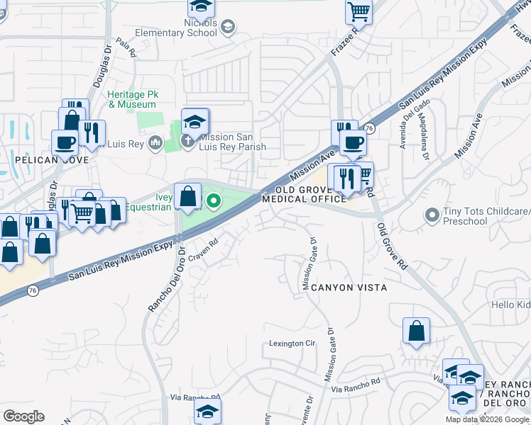 map of restaurants, bars, coffee shops, grocery stores, and more near 4208 La Casita Way in Oceanside