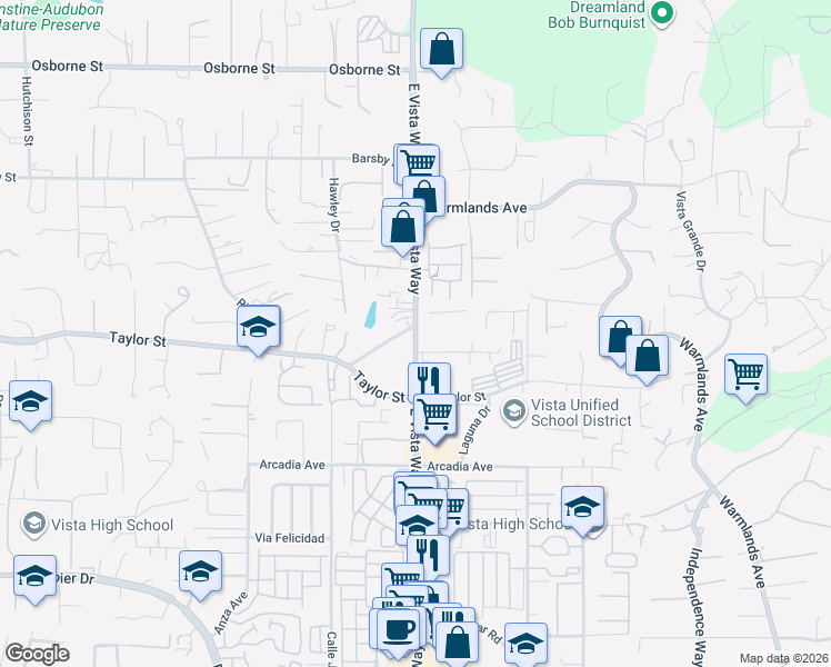 map of restaurants, bars, coffee shops, grocery stores, and more near 1927 East Vista Way in Vista