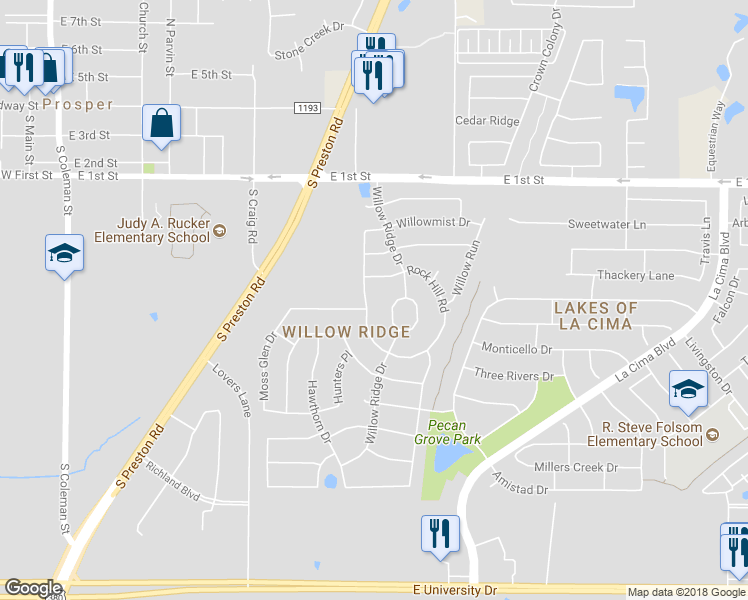 map of restaurants, bars, coffee shops, grocery stores, and more near 541 Willowview Drive in Prosper