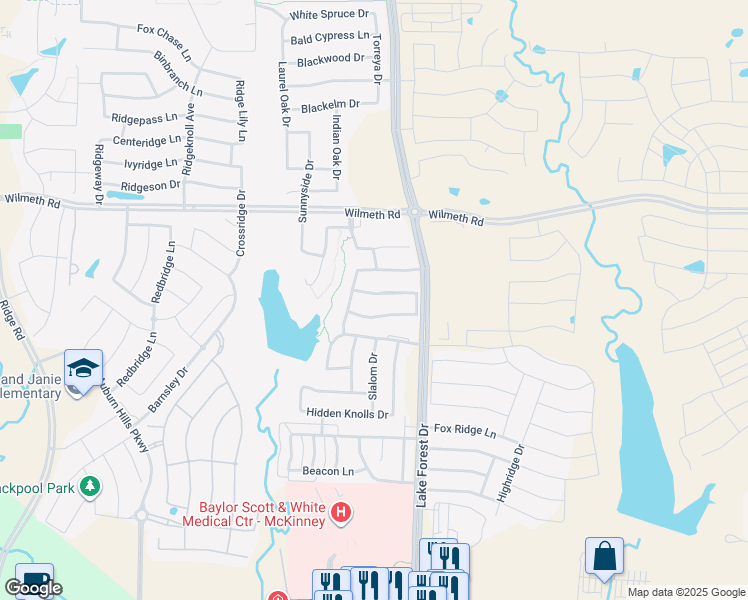 map of restaurants, bars, coffee shops, grocery stores, and more near 5200 Alpine Meadows Drive in McKinney