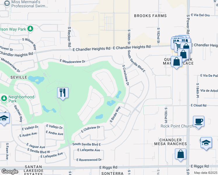 map of restaurants, bars, coffee shops, grocery stores, and more near 4247 East Crown Court in Gilbert