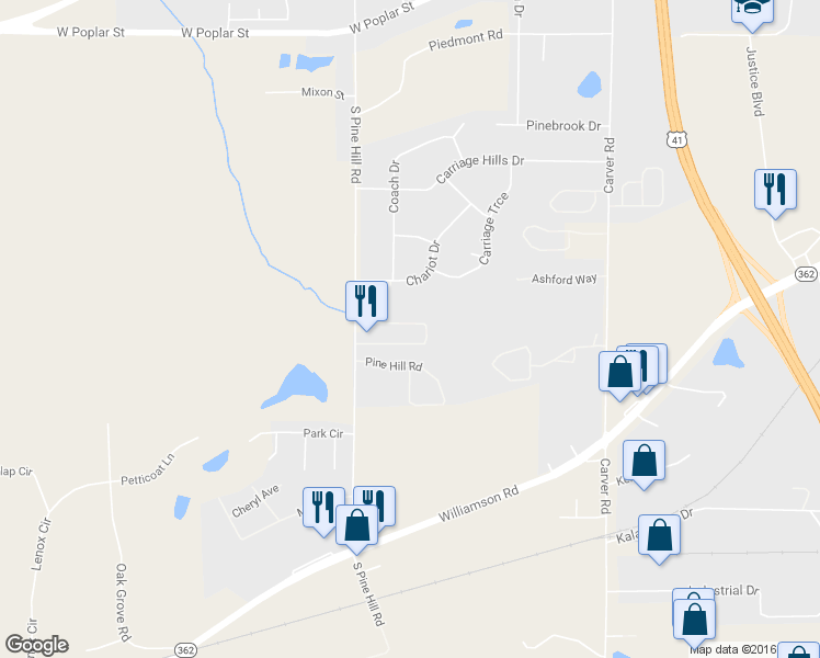 map of restaurants, bars, coffee shops, grocery stores, and more near 1760 Carrington Drive in Griffin