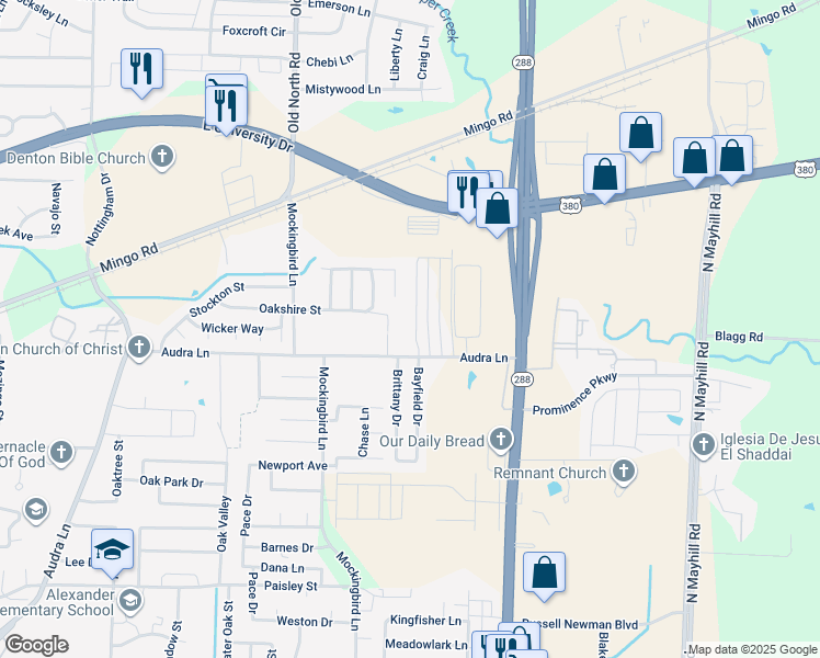 map of restaurants, bars, coffee shops, grocery stores, and more near 1219 Bayfield Street in Denton