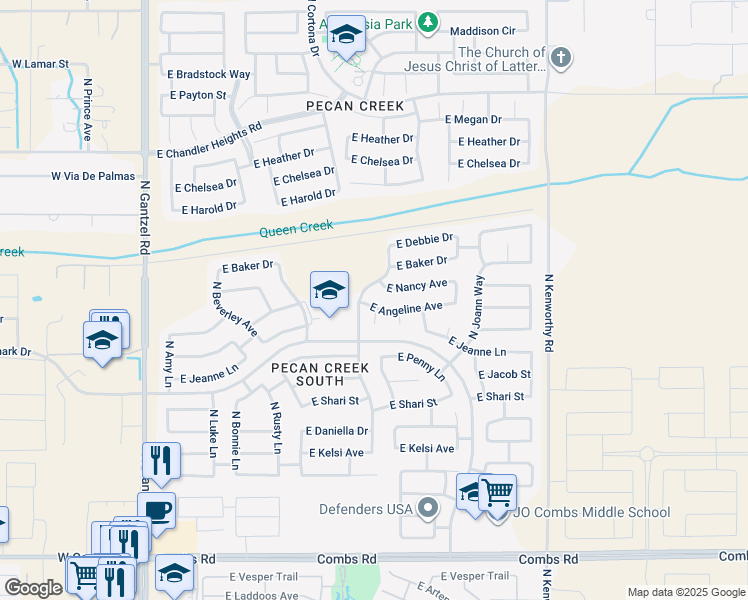 map of restaurants, bars, coffee shops, grocery stores, and more near 38599 North Carolina Avenue in Queen Creek