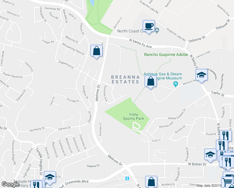 map of restaurants, bars, coffee shops, grocery stores, and more near 1922 Sunlight Court in Oceanside