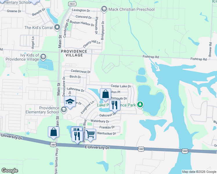 map of restaurants, bars, coffee shops, grocery stores, and more near 10140 Cedar Lake Drive in Providence Village