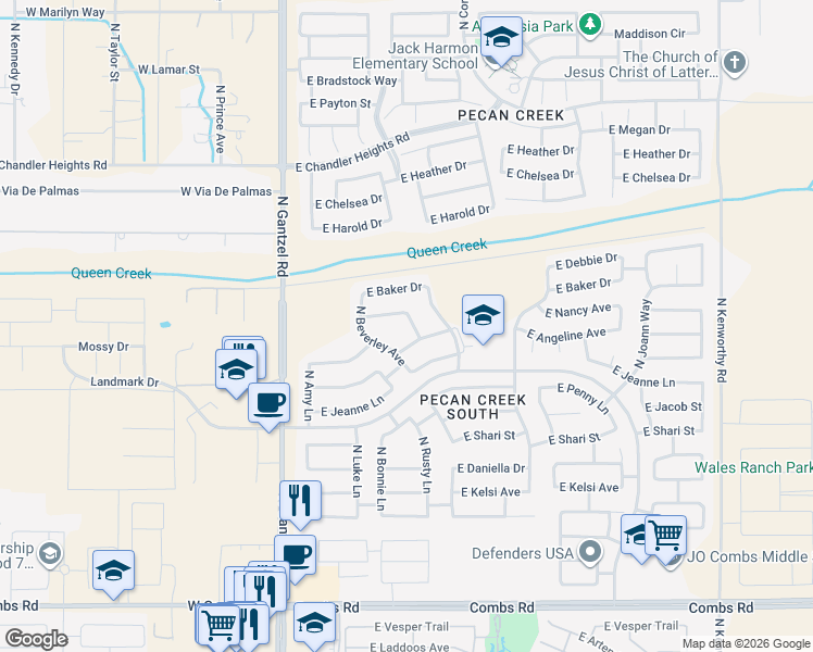 map of restaurants, bars, coffee shops, grocery stores, and more near 38570 North Dave Street in San Tan Valley