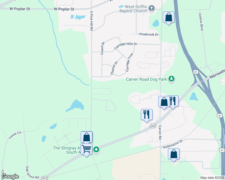 map of restaurants, bars, coffee shops, grocery stores, and more near 1775 Carrington Drive in Griffin