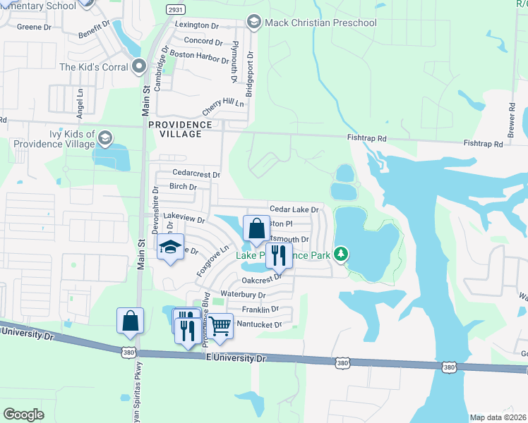 map of restaurants, bars, coffee shops, grocery stores, and more near 10140 Cedar Lake Drive in Providence Village
