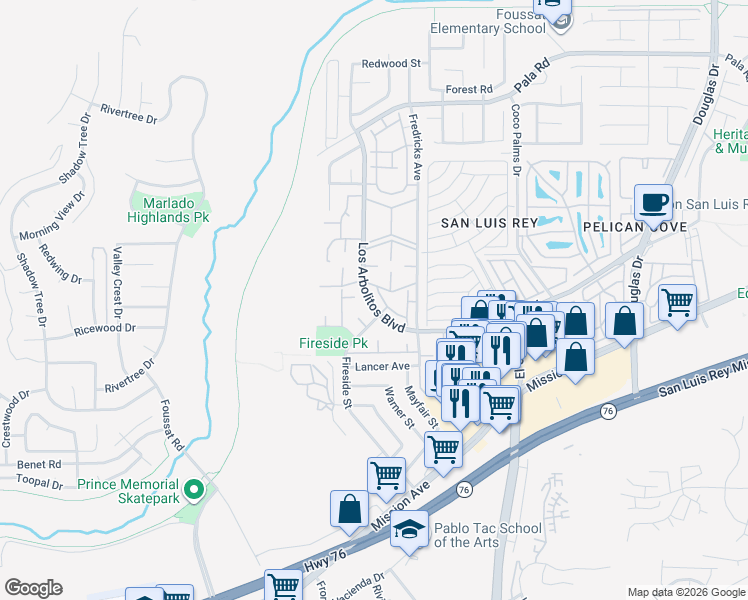map of restaurants, bars, coffee shops, grocery stores, and more near 414 Los Arbolitos Boulevard in Oceanside