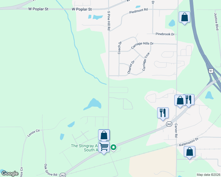 map of restaurants, bars, coffee shops, grocery stores, and more near 1700 Carrington Drive in Griffin