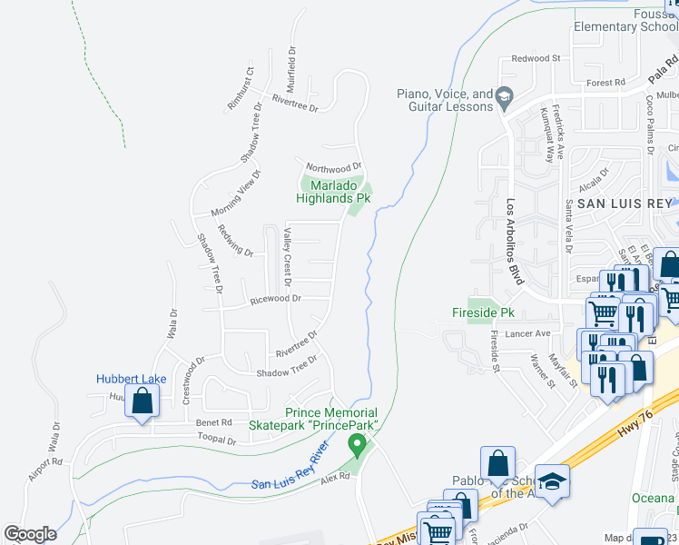 map of restaurants, bars, coffee shops, grocery stores, and more near 754 Rivertree Drive in Oceanside
