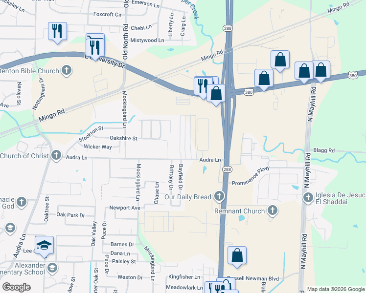map of restaurants, bars, coffee shops, grocery stores, and more near 1218 Bayfield Drive in Denton
