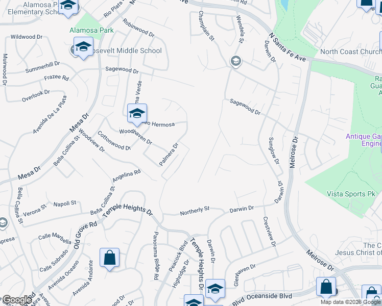 map of restaurants, bars, coffee shops, grocery stores, and more near 1284 Panorama Ridge Road in Oceanside