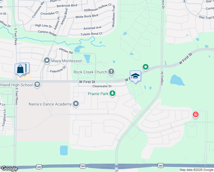 map of restaurants, bars, coffee shops, grocery stores, and more near Clearwater Drive in Prosper