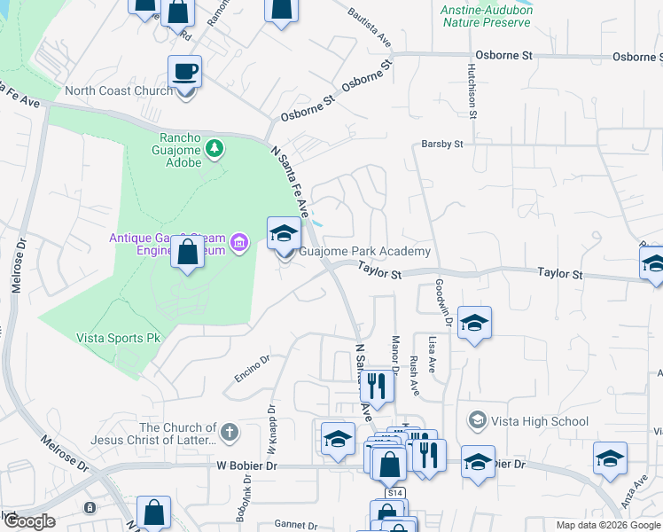 map of restaurants, bars, coffee shops, grocery stores, and more near 2 Taylor Street in Vista