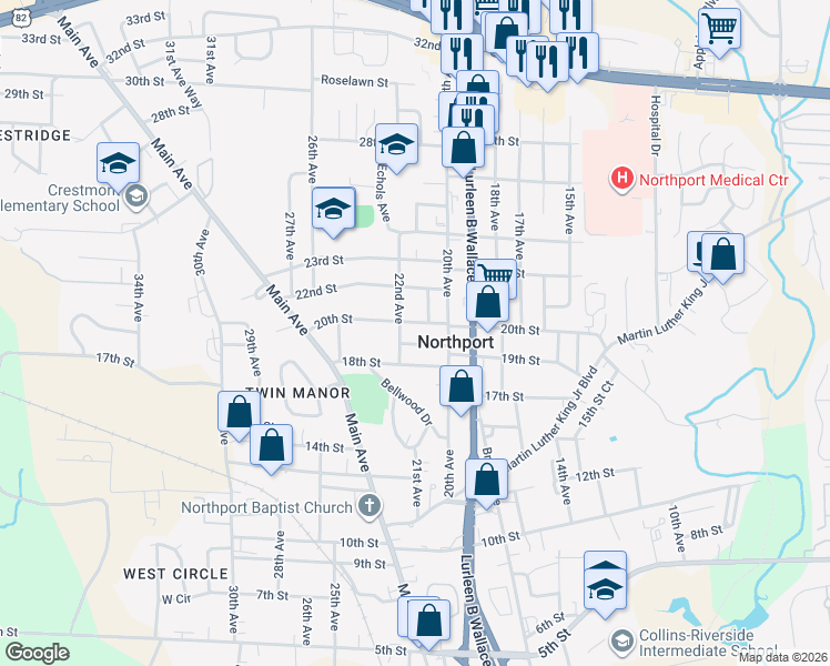 map of restaurants, bars, coffee shops, grocery stores, and more near 2109 20th Street in Northport