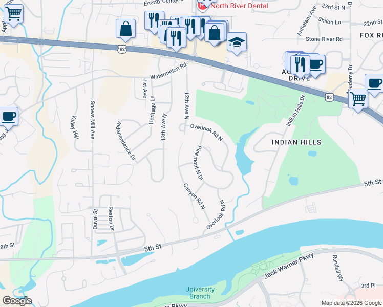 map of restaurants, bars, coffee shops, grocery stores, and more near 1116 Pinemont Drive North in Tuscaloosa