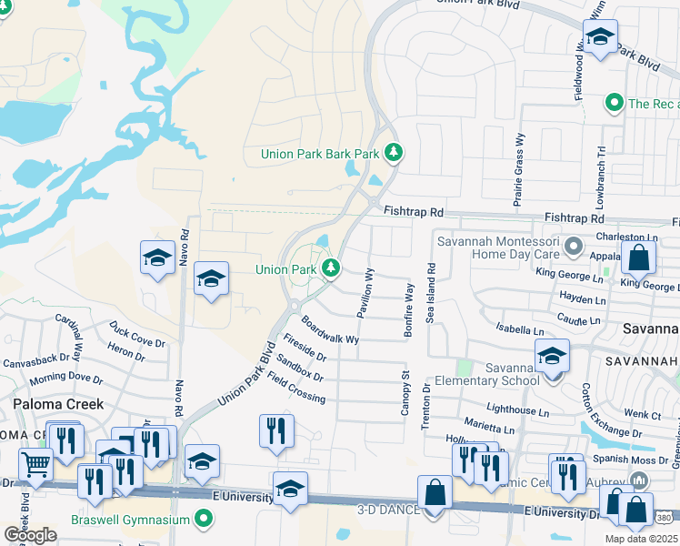 map of restaurants, bars, coffee shops, grocery stores, and more near 4901 Union Park Boulevard in Little Elm