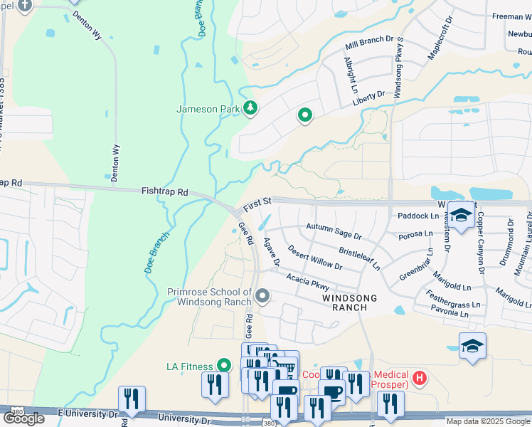 map of restaurants, bars, coffee shops, grocery stores, and more near 711 Agave Drive in Prosper