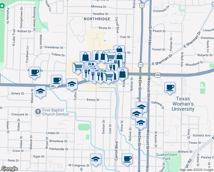 map of restaurants, bars, coffee shops, grocery stores, and more near 611 Sunset Street in Denton