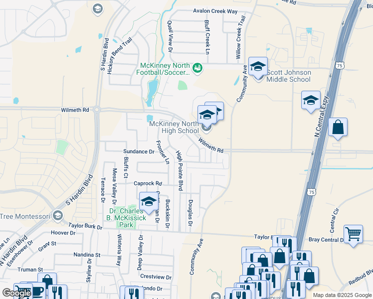 map of restaurants, bars, coffee shops, grocery stores, and more near 2900 Palomino Court in McKinney
