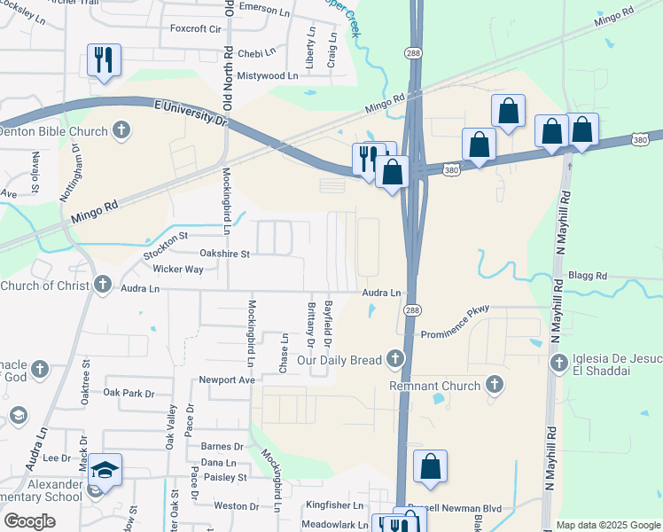 map of restaurants, bars, coffee shops, grocery stores, and more near 1220 Bayfield Drive in Denton