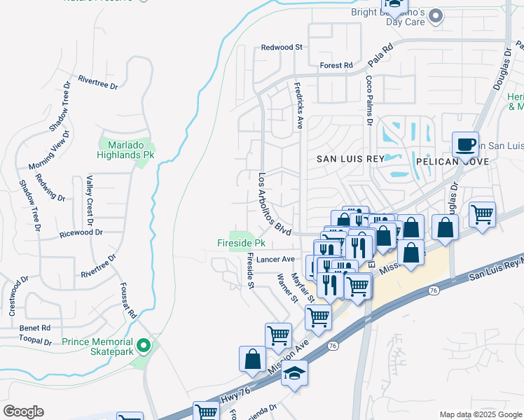 map of restaurants, bars, coffee shops, grocery stores, and more near 439 Los Arbolitos Boulevard in Oceanside