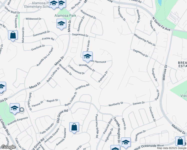 map of restaurants, bars, coffee shops, grocery stores, and more near 5010 Palmera Drive in Oceanside