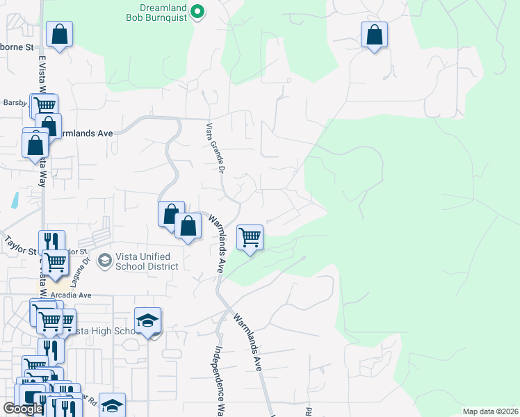 map of restaurants, bars, coffee shops, grocery stores, and more near 1653 Elevado Road in Vista
