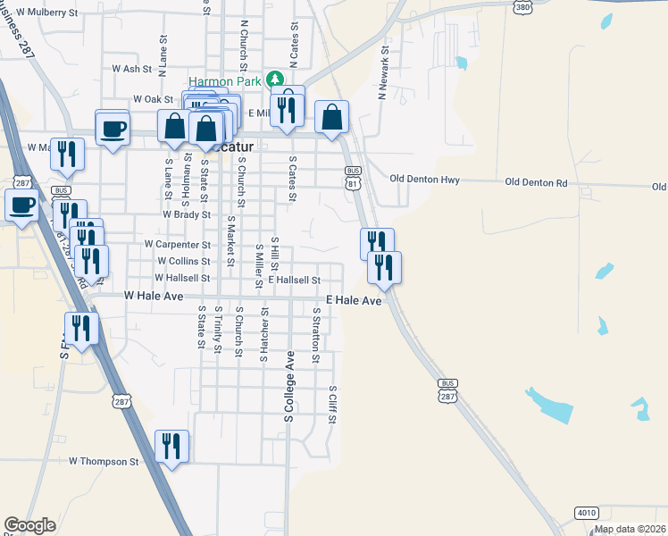 map of restaurants, bars, coffee shops, grocery stores, and more near 604 South Cliff Street in Decatur