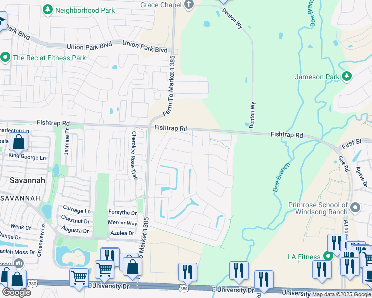 map of restaurants, bars, coffee shops, grocery stores, and more near 5630 Stockport Drive in Prosper
