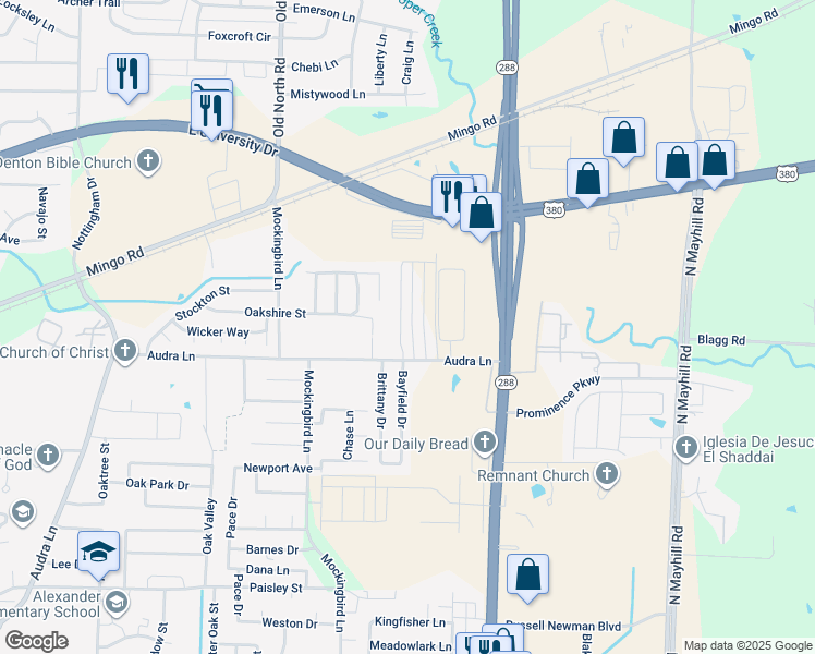 map of restaurants, bars, coffee shops, grocery stores, and more near 1222 Bayfield Drive in Denton